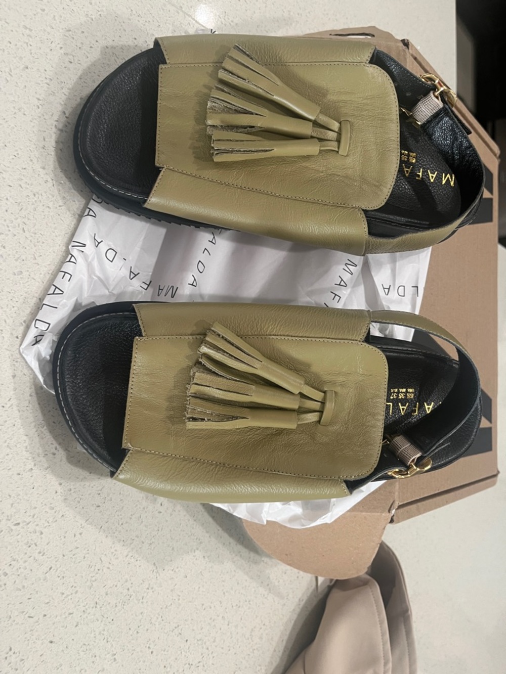 MAFALDA Olive Green Leather Tassel Slide Sandal - Picture 2 of 6